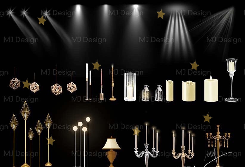 婚礼手绘道具素材路引蜡烛水晶灯蛋糕中式户外欧式psd文件效果图