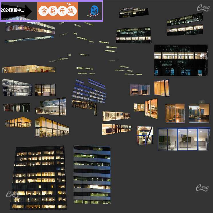 Ps20夜景玻璃窗户办公大楼店面灯光贴图psd后期效果图素材车灯
