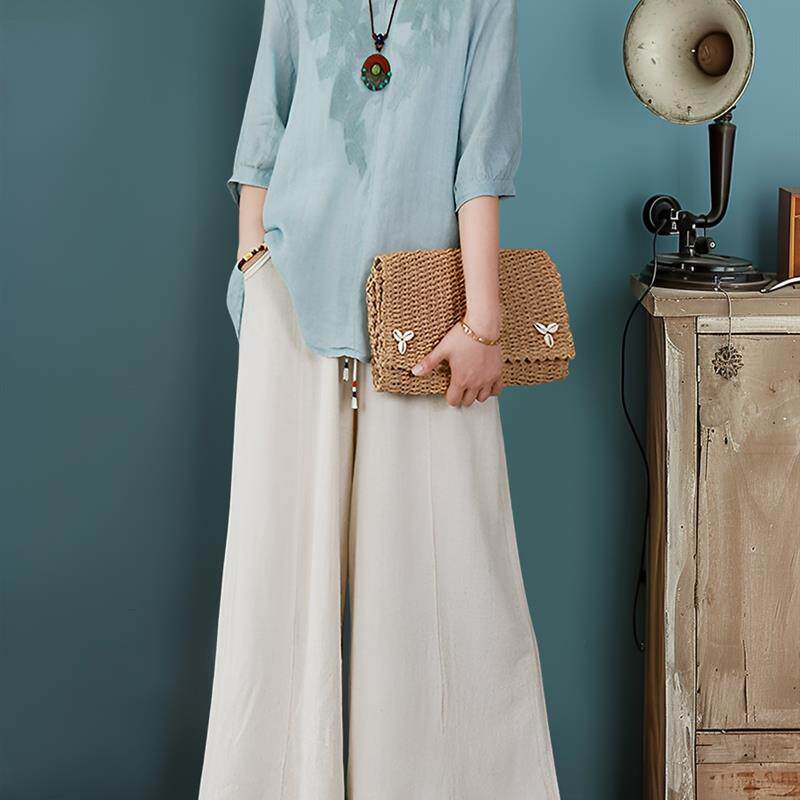 浅蓝色棉麻上衣女高端亚麻2024新款新中式半袖复古麻料中长款衬衫