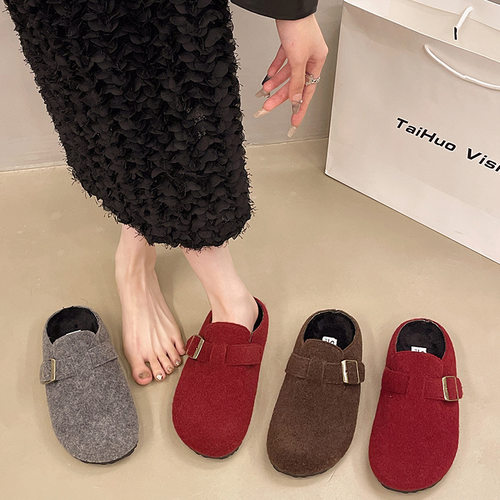 复古森系勃肯鞋女2024秋冬新款厚底懒人一脚蹬博肯包头半拖毛毛鞋