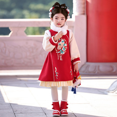 2025新款冬季汉服女童拜年服中国风红色过年服喜庆可爱唐装一件代