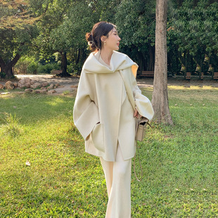 个性时尚双面羊绒大衣圆领宽松中长款A版加厚羊毛女外套洋气