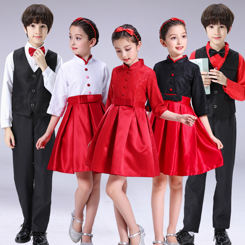 严选元旦节日表演中小学生大合唱团诗歌朗诵背带裤儿童合唱演出服