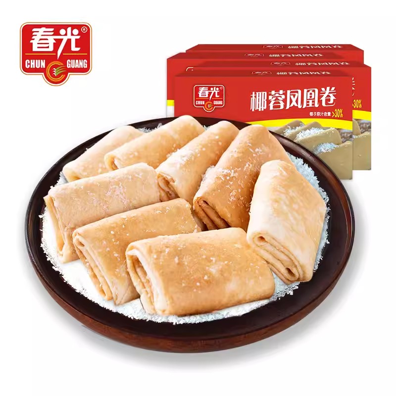 春光椰蓉凤凰卷105g盒装海南特产酥脆饼干煎饼办公室休闲零食小吃