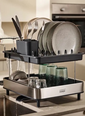 JosephJoseph不锈钢沥水架双层厨房置物架餐具碗盘收纳整理架滤水