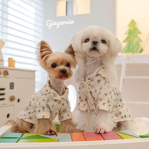 GINGERAIN 亲子装睡衣约克夏马尔济斯衣服小型犬纯棉薄款双领系扣