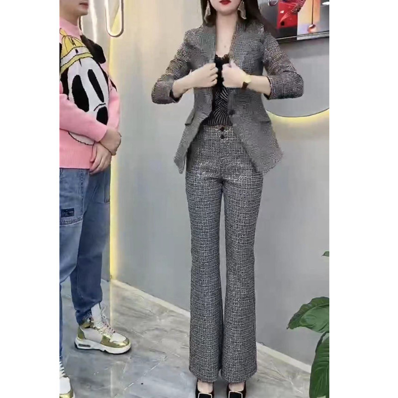 英国topwhit春季新款时尚翻领长袖西服微喇裤显瘦套装女