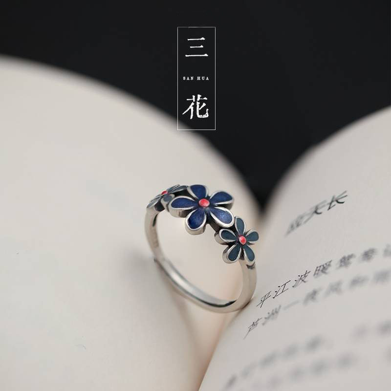 英国TopWhit复古珐琅蓝色花朵戒指女轻奢小众设计文艺范古风国潮