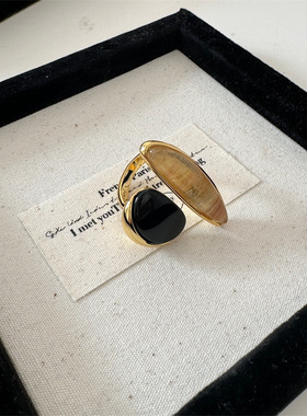 英国topwhit欧美复古黑玛瑙发晶异形戒指铜小众设计高级感开口可