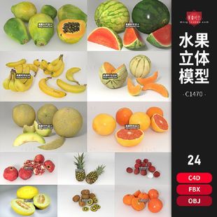 西瓜香蕉梨菠萝石榴橙子猕猴桃荔枝木瓜水果C4D模型3D立体FBX素材