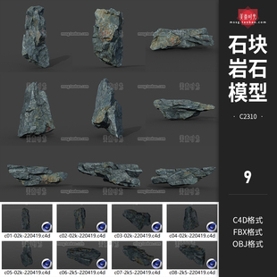 9个自然山体石头石块岩石C4D模型3d立体fbx文件素材有贴图obj格式