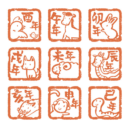 sc385手绘可爱风12生肖十二生肖印章ps广告素材设计ai矢量免抠图