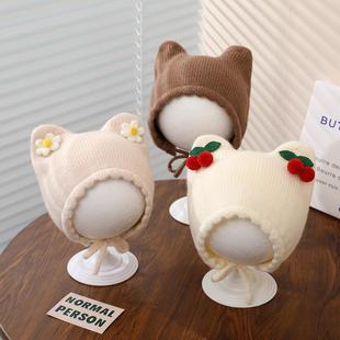 可爱猫耳朵萌针织帽子秋冬季薄款婴幼儿毛线帽男童女宝宝护耳樱桃