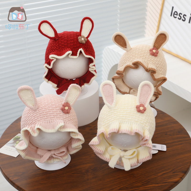 哆啦布丁女宝宝护耳双层厚毛线帽