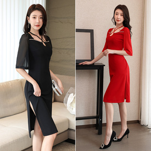 新芝依彩复古名媛优雅性感女神长款 包臀开叉连衣裙女112 修身