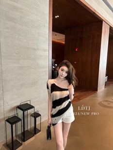 LDTJ高定夏新黑白条纹羊驼毛露肩短袖法式休闲针织衫上毛衣女