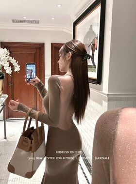Roselyn 绝美网纱透视露背羊毛针织连衣裙女性感修身包臀鱼尾裙