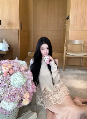 JAYKY YANG【布里斯美学】蕾丝拼接针织衫美丽诺羊毛保暖百搭上衣