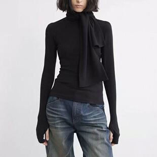 T恤修身 领口系带 显瘦打底衫 优可丝棉 多色 半指长袖 辣妹围巾长袖