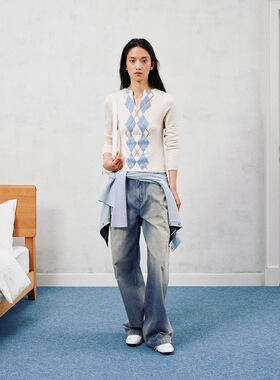MUTH 菱形格复古小V领针织衫毛衣上衣女 灰色/蓝白/粉白色