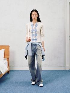 MUTH 菱形格复古小V领针织衫毛衣上衣女 灰色/蓝白/粉白色