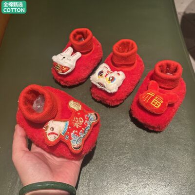 全纯棉红色婴儿鞋子冬季男女童小月龄婴幼儿宝宝鞋袜加绒软底棉鞋