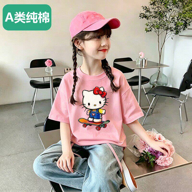 全棉夏季100%纯棉短袖体恤女童卡通印花半袖上衣宝宝圆领打底T恤