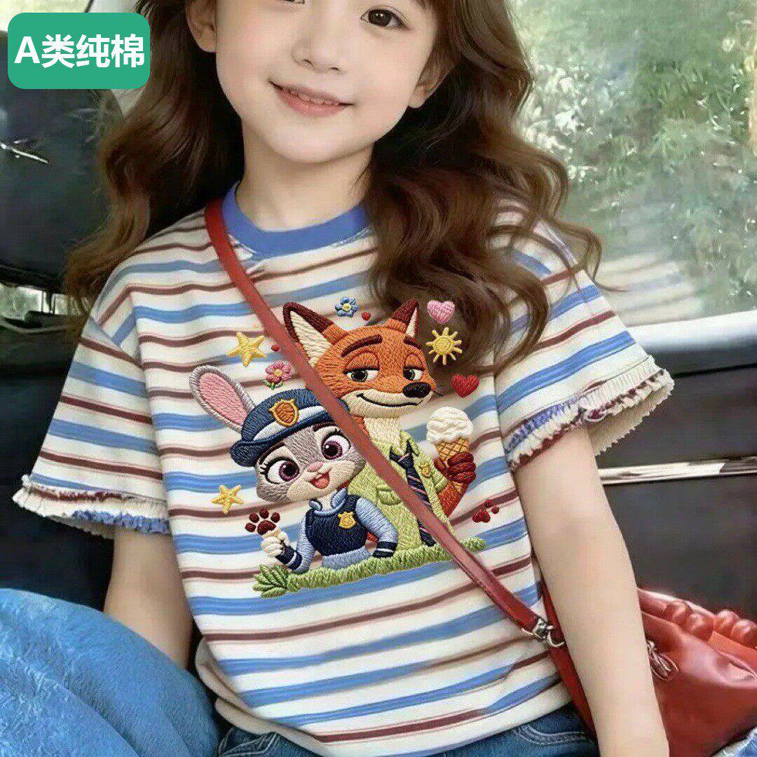 全棉女童100%短袖体恤中大童夏季拼接条纹圆领短袖上衣T恤男儿童