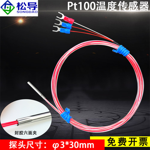 Pt100不锈钢管φ3*30mm封胶六面夹探针防水铂热电阻温度传感器