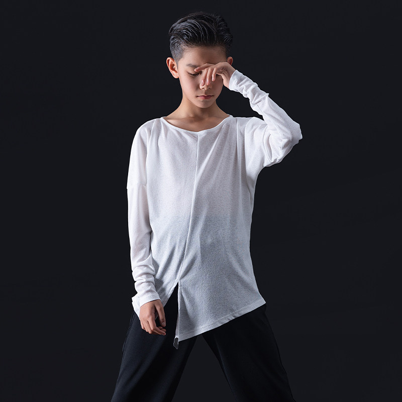 歌瑞亚拉丁舞服男少儿童春夏新款圆领宽松长袖上衣演出训练习功服