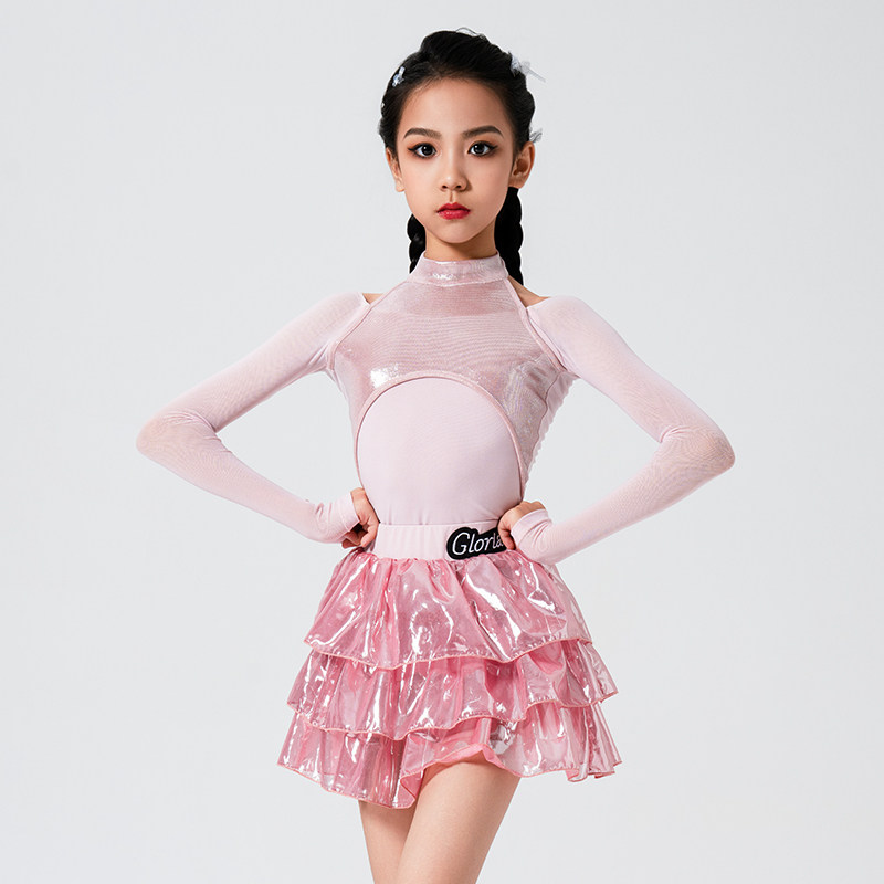 歌瑞亚拉丁舞服女少儿童新款长袖烫金雪纺半裙套装表演出练习功服