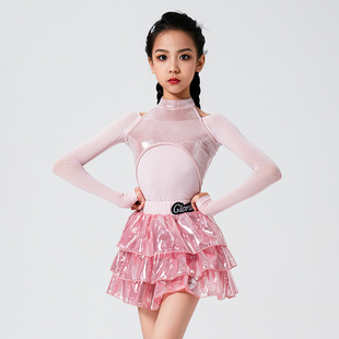 表演出练习功服 烫金雪纺半裙套装 歌瑞亚拉丁舞服女少儿童新款 长袖