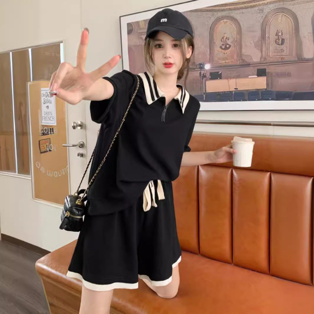 大码夏季新款女装套装休闲POLO领套头显瘦上衣微胖辣妹短裤两件套