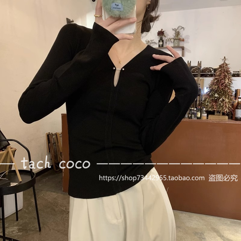 Tach Coco法式白色v领毛衣针织衫内搭打底衫修身显瘦秋冬长袖上衣