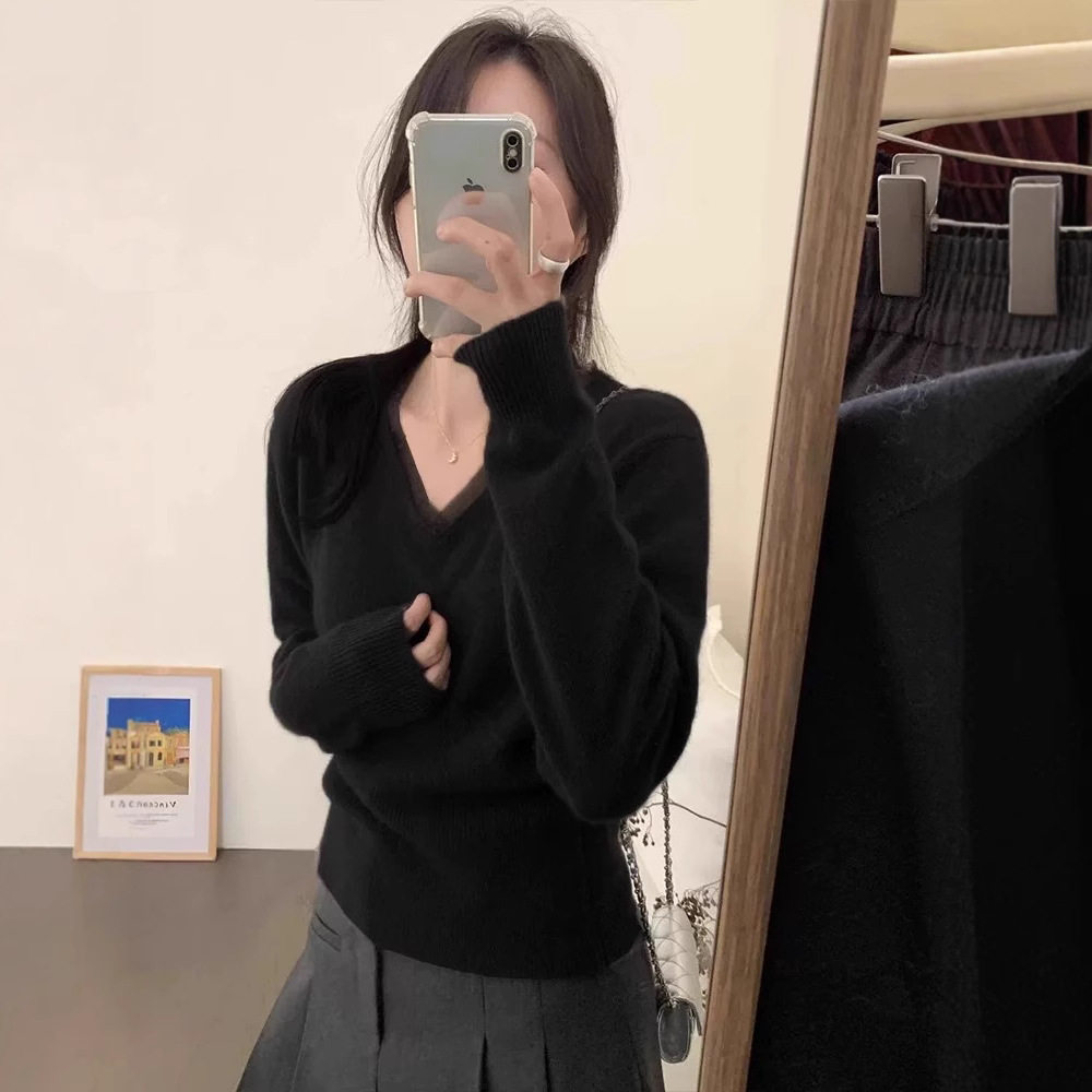法国Gentle Motto韩系灰色短款v领长袖羊毛女秋冬修身毛衣打底衫
