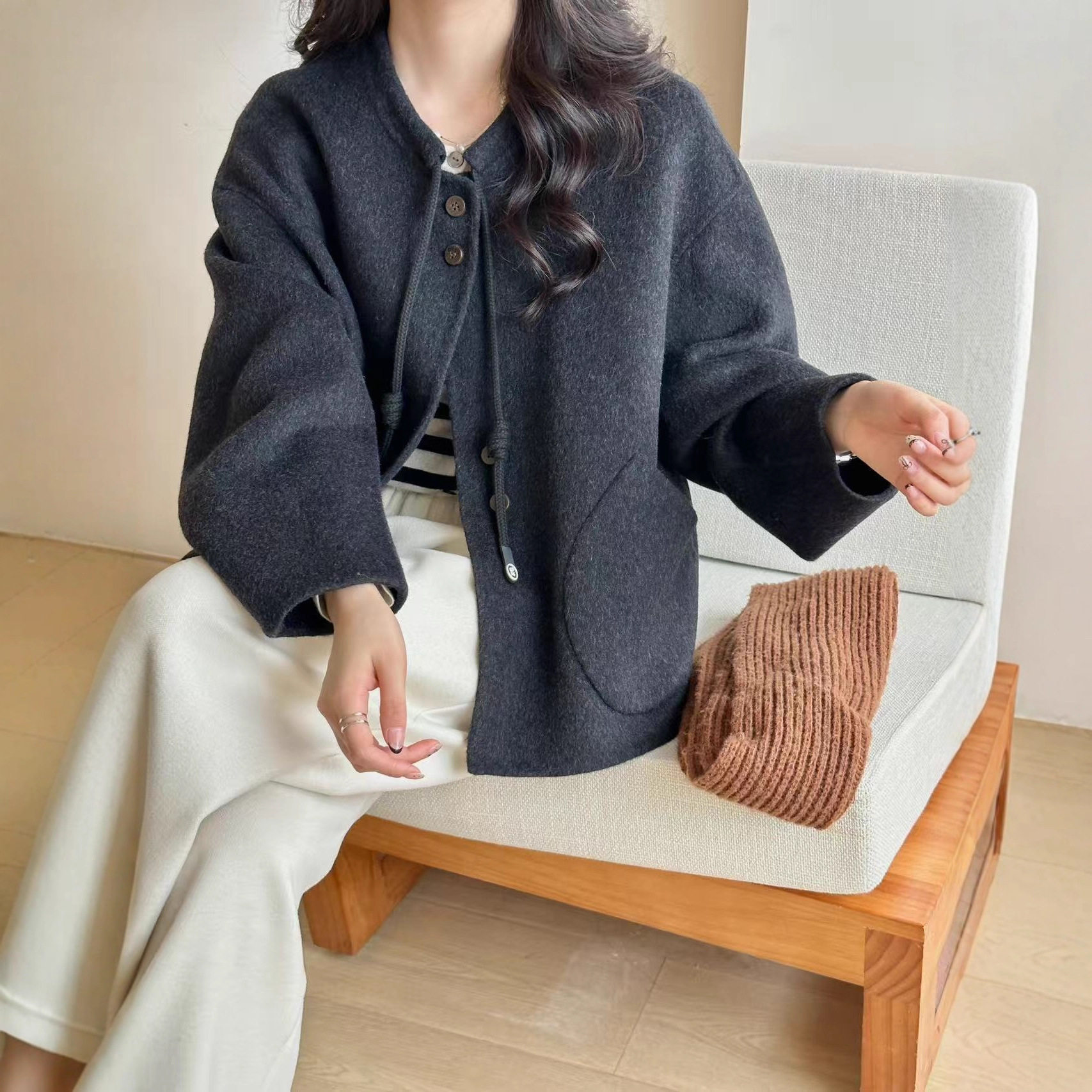 法国chrry koop新款小香风双面羊毛大衣短款小个子圆领单排扣气质