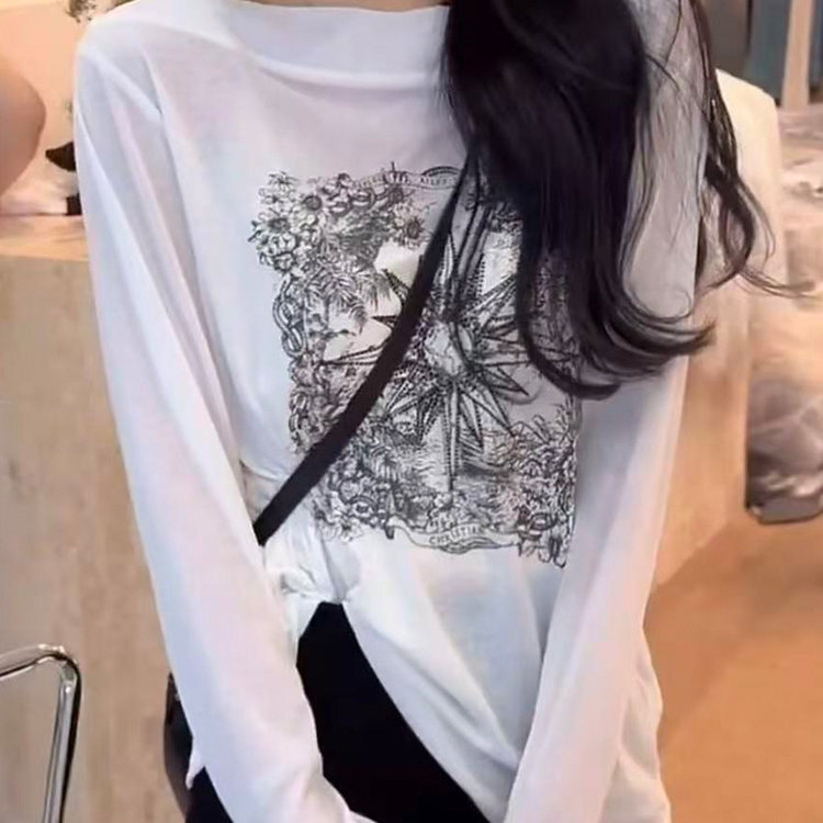 日系CherryKoko美式烫钻印花一字肩长袖t恤女2026夏季新款薄款