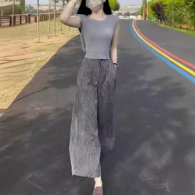 日系gentle motto夏季新款色无袖修身上衣条纹休闲阔腿裤女