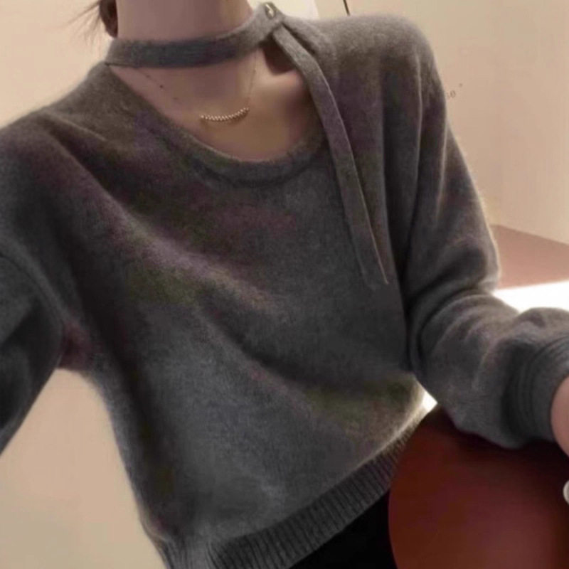 法国Gentle Motto韩系挂脖飘带小心机设计感毛衣女气质洋气圆领