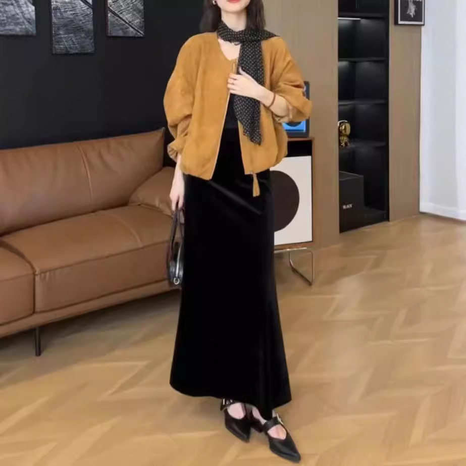 日系gentle motto秋季新款长袖宽松拉链外套高腰半身裙女