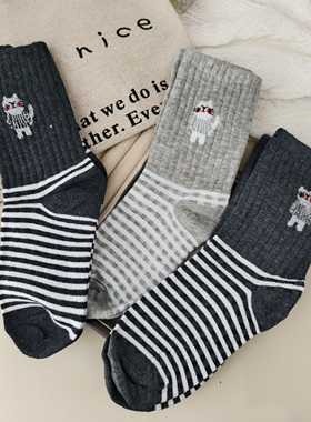实拍！3双装 灰色系条纹格学生袜中筒袜春秋小猫卡通棉袜 中厚