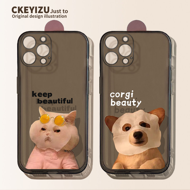 适用苹果14手机壳J8143面膜白猫