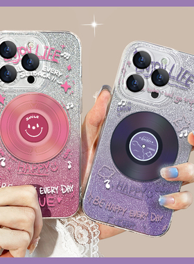 适用于苹果14promax手机壳新款13pro闪粉卡14plus涂鸦唱片iPhone12/11直边透明xs/xr软硅胶7/8p全包防摔6sp夏