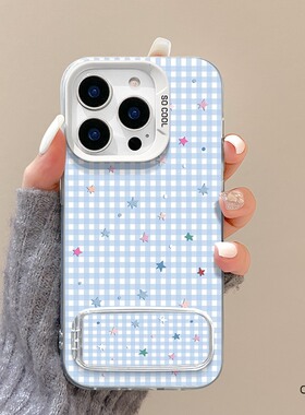 适用于opporeno15手机壳Reno14pro蓝格星星新款13pro镜子支架RENO12磨砂彩银remo11PRO+防摔10por全包9/8女6