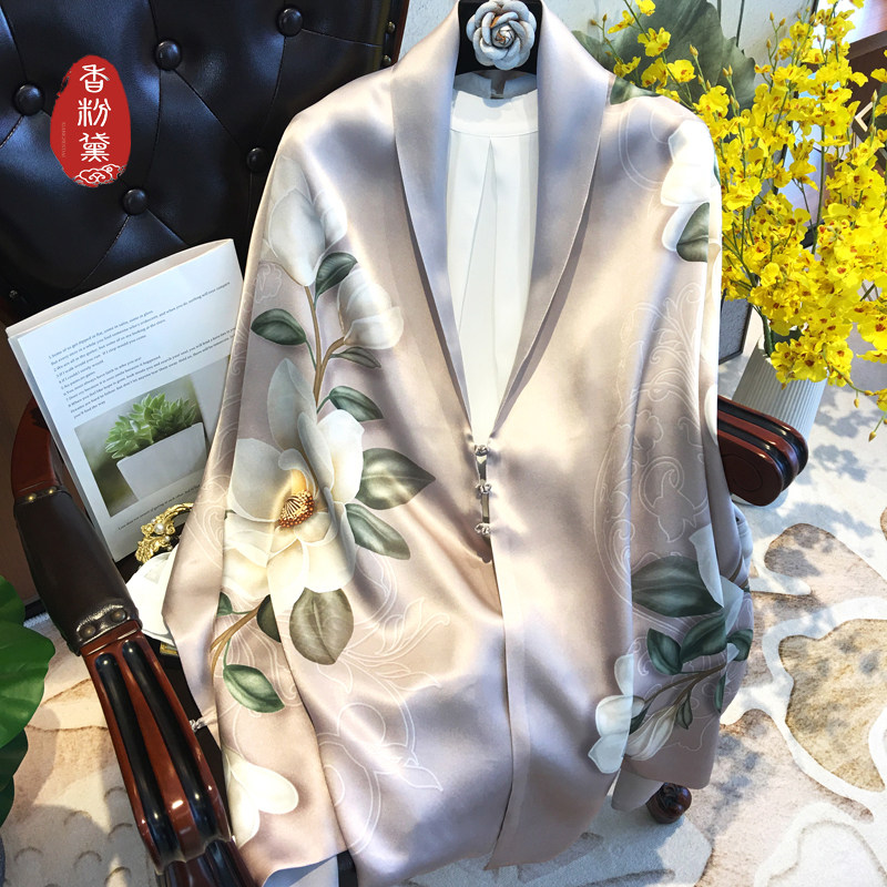 中式国风双层真丝丝巾高端送礼桑蚕丝旗袍盘扣披肩送长辈节日礼品