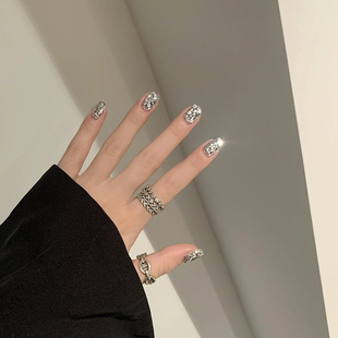 春秋手工穿戴甲满手银亮片手工定制美甲小众ins风穿戴甲短款 指甲