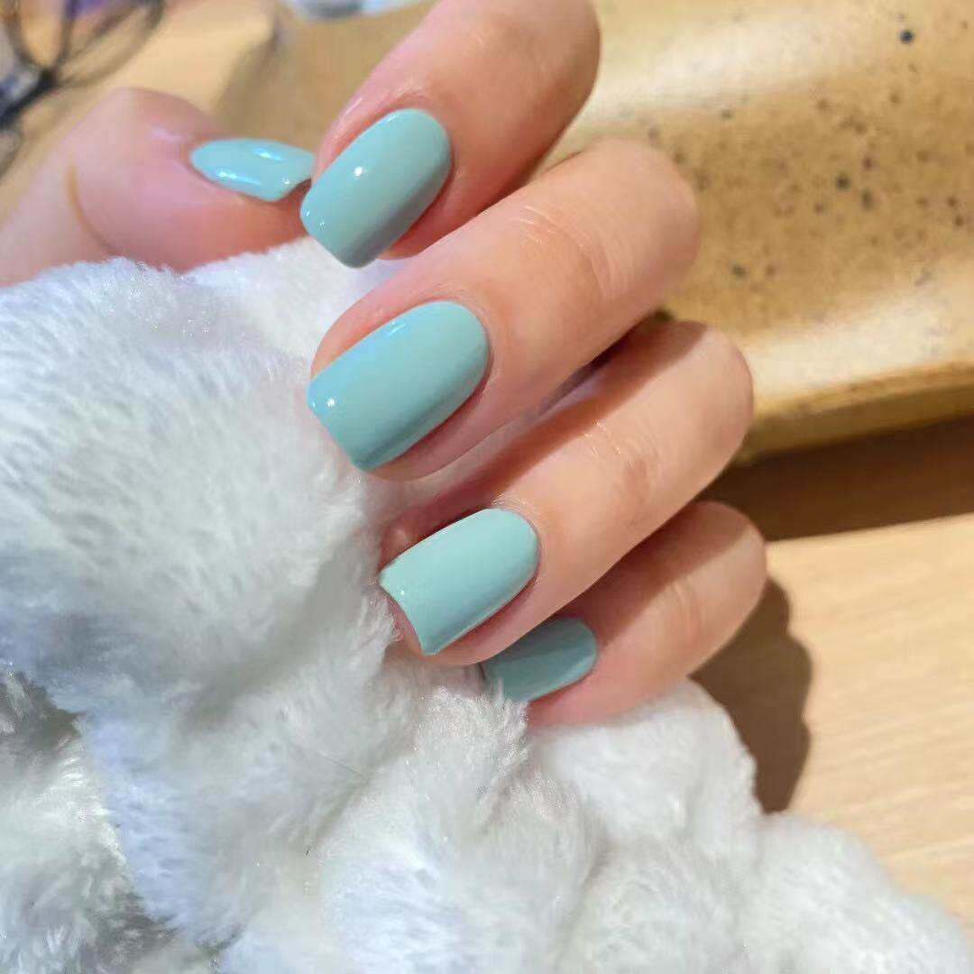 特调蓝色纯色短款假指甲片可拆卸穿戴美甲成品网红美甲贴片果冻色