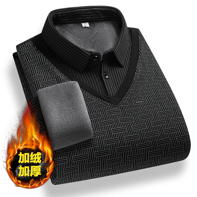 稻草人毛衣男秋冬加绒厚款针织衫中老年套头假两件卫衣爸爸装一体