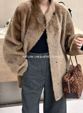 现货2025秋冬新款设计师皮毛一体进口拉贡皮草焦糖色