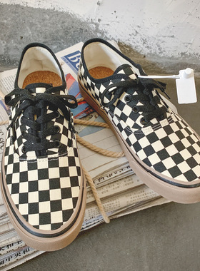 韩版ullzang百搭格子板鞋男ins超火低帮鞋系带港风鞋一脚蹬帆布鞋